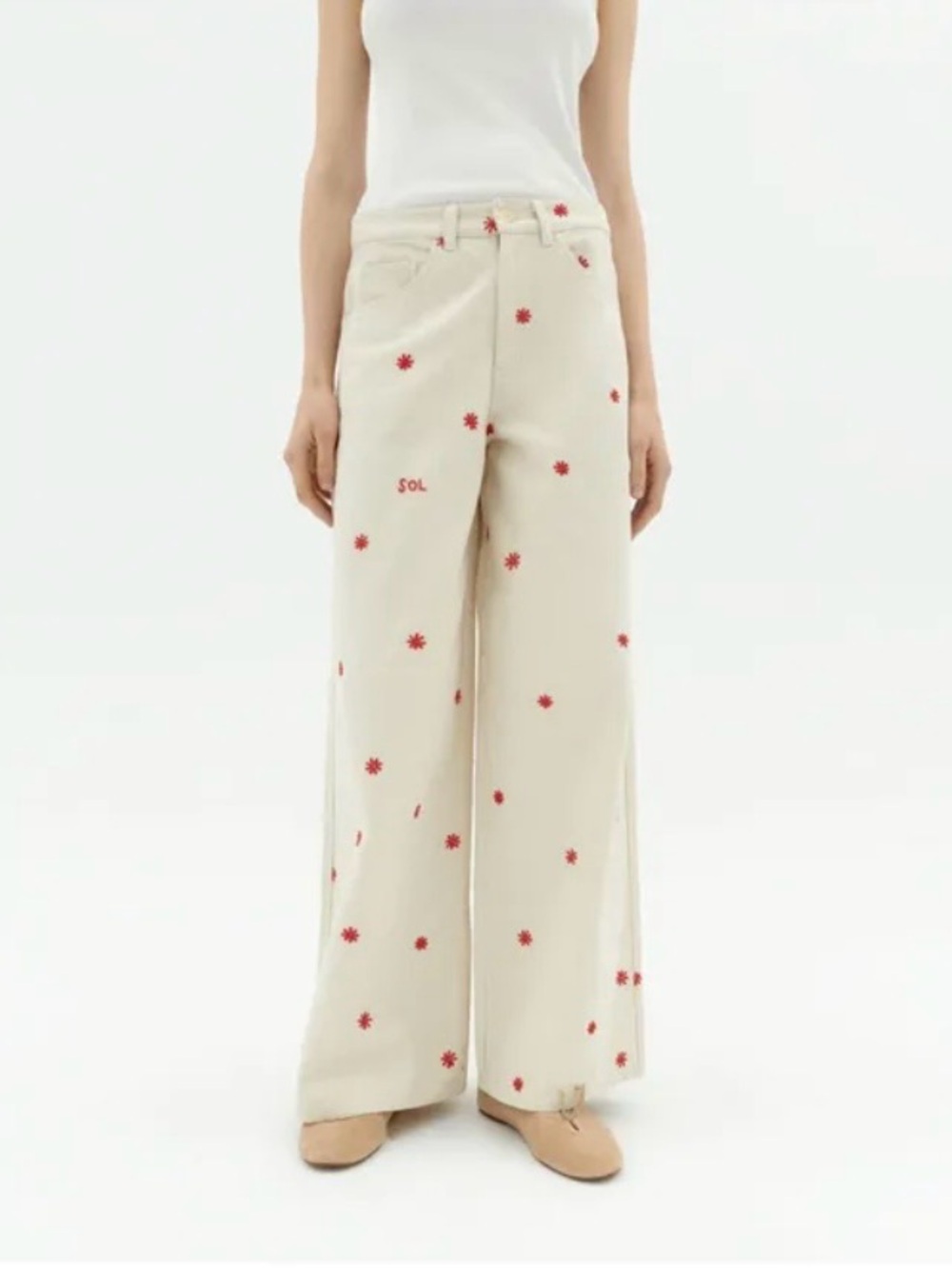 Thinking Mu x Free People Jeans Embroidered Cream ~ 32